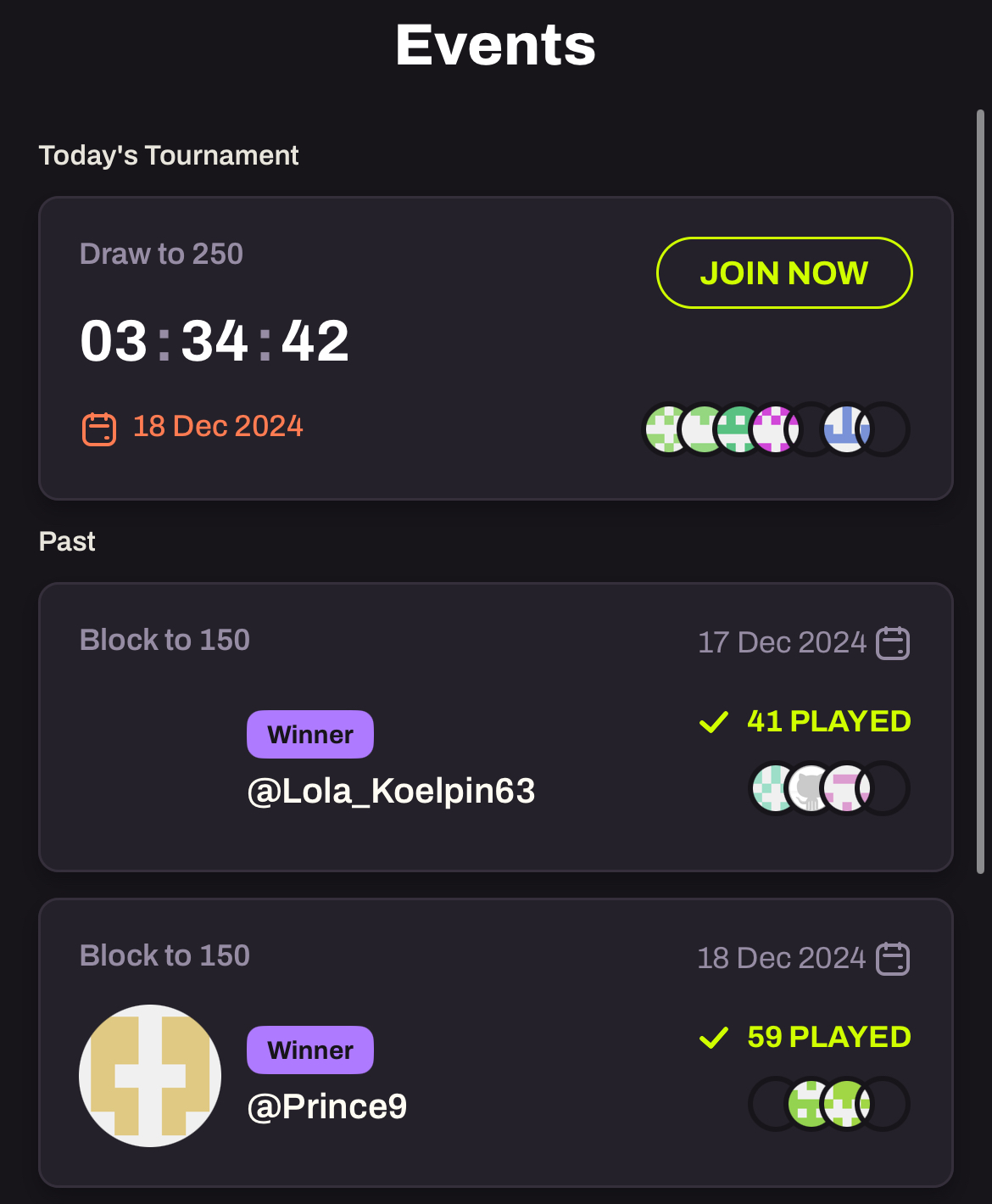 Tournament selection screenshot